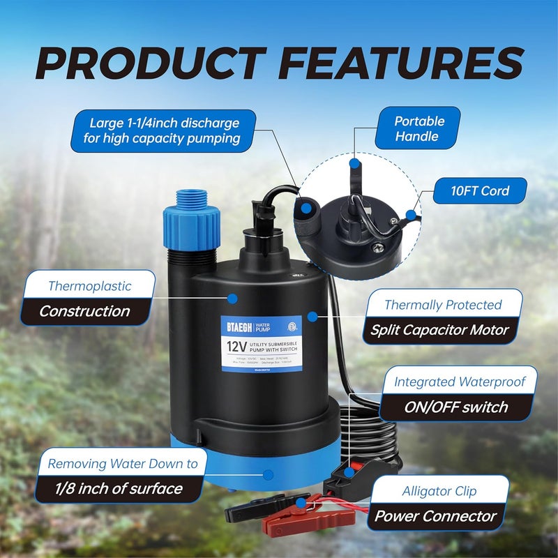BTAEGH 12V Submersible Water Pump 1500GPH Small Sump Pump Thermoplastic Portable Transfer Utility Pump Clean for Swimming Pool Basement Garden Pond - Image 3